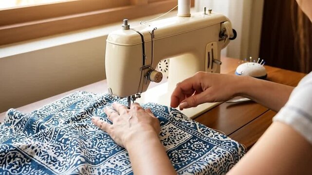 Woman sewing fabric with a vintage sewing machine, a symbol of handmade craft and creativity for fashion or home textile.