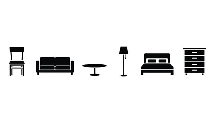 furniture silhouette icons, chair, sofa, table, lamp, bed, minimal clean black vector icon pack