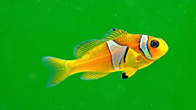 A vibrant yellow and orange clownfish with white stripes swimming against a bright green background.
