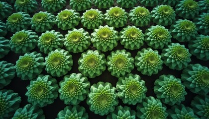 Overhead view of a dense plantation of vibrant green succulents arranged in perfect rows under natural overhead