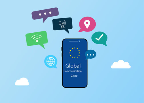 Global communication zone smartphone concept with symbols and network icons. Connectivity map markers and internet symbols surrounding cellular device.