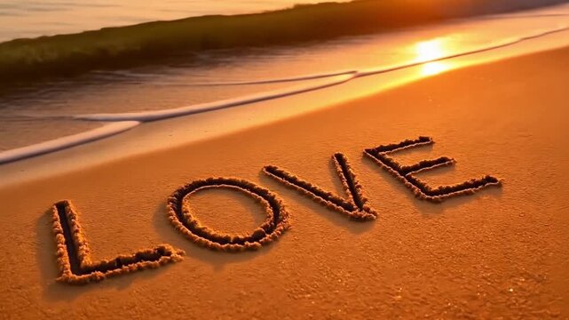 Love written in sand on beach at sunset with waves washing over the word, symbolizing fleeting moments and romantic sentiment.