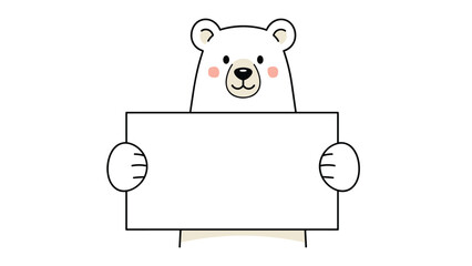 Obraz premium Polar bear character holding a blank white rectangular sign board for custom messages or announcements on white.