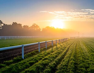 Sunny morning view of a race track with fences and green grass