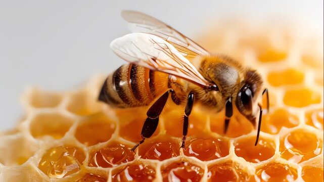 Honey Bee on Golden Honeycomb Macro Close Up