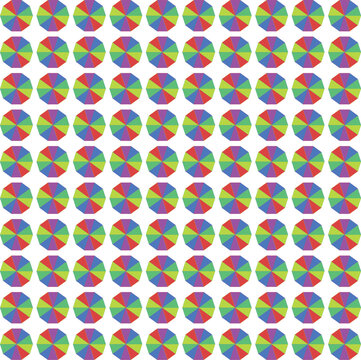 Vibrant colorful geometric seamless pattern featuring bright decagons on white. Modern abstract repeating background texture design.