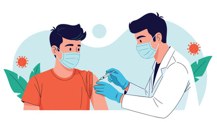 Fototapeta premium Medical professional wearing a face mask and gloves giving a vaccine injection to a young man arm during virus prevention.