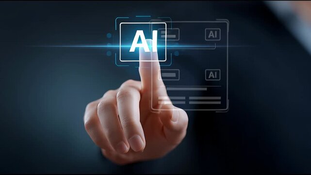 A person interacts with an AI display by touching the screen to activate it. This moment highlights the growth of artificial intelligence in various fields such as healthcare, education, and business.