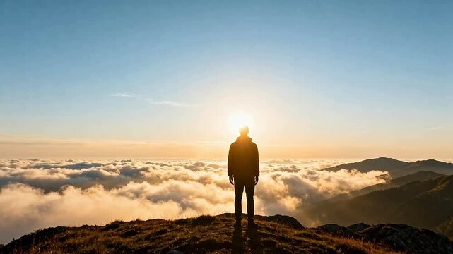 Person standing on mountain with arms outstretched