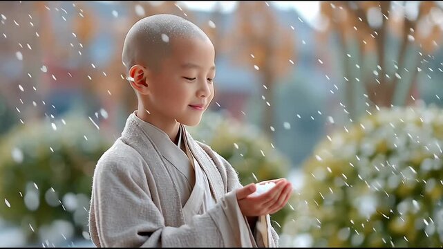 A young monk stands in a temple courtyard. He holds his hands out, catching snowflakes as they fall. The snow covers the ground, and trees surround the area. It is a winter day, and the monk has a cal