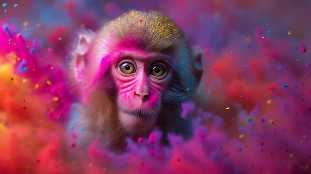Adorable Baby Monkey Face Covered in Pink Holi Powder Explosion