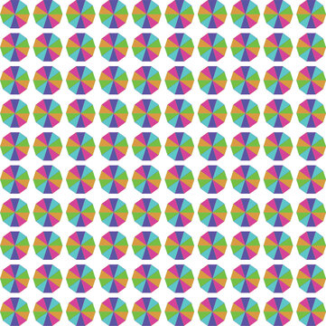 Vibrant seamless pattern of colorful decagon shapes with radial segments on a clean white background.