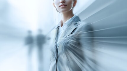 A woman in a grey pinstripe suit and white blouse is shown from the neck down. Her posture is upright and confident, with a slight smile visible.