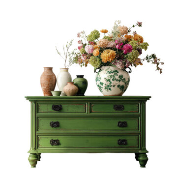 A green dresser with a vase of flowers and several vases on top against a black background