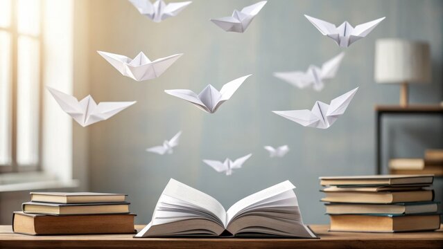 Motivation Boosters Open book with paper birds flying upward in a bright room, surrounded by stacked books on a wooden table.