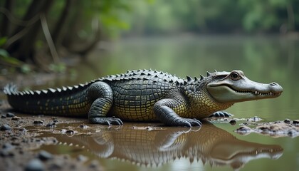 Obraz premium Close Up Side View of Alligator Resting on Muddy Shore Near Water With Lush Green Forest Background Natural Lighting
