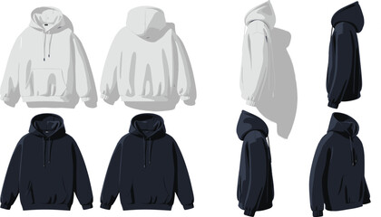 Hoodie Sweatshirt Vector Illustration Set with Front Back and Side Views of White and Black Hooded Apparel for Fashion Mockups © MdSumon