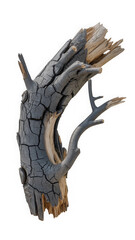 Fototapeta premium Single burnt, charred tree stump fragment with cracked bark and weathered wood texture
