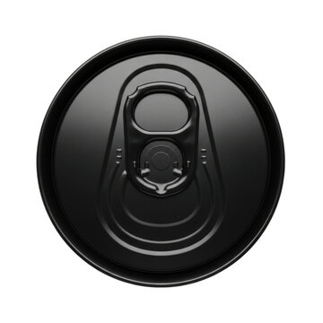 circular matte black anodized aluminum can lid with micro-detailed ring-pull tab mechanism, isolated product shot flat lay on transparent background, sharp focus, minimalist luxury advertising concept