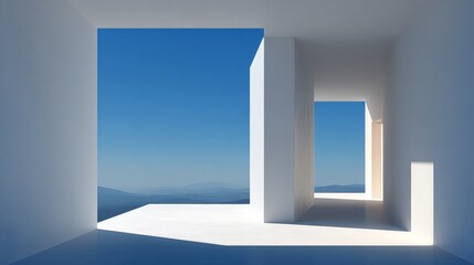 Obraz premium The interior view of a white, minimalist structure with large, open portals.
