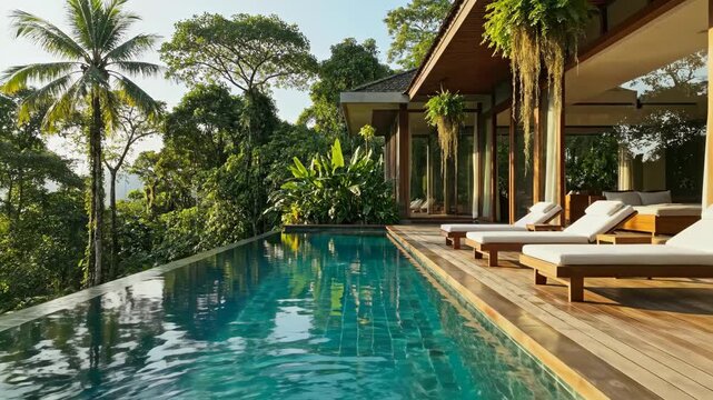 Luxurious infinity pool and wooden deck in lush tropical rainforest setting