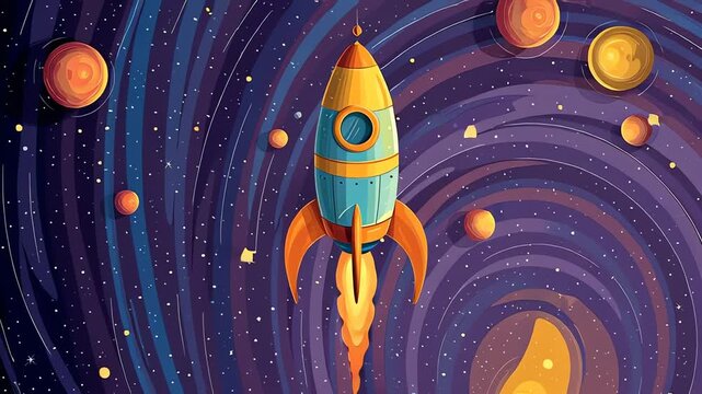 Pixel Art Rocket Launching Through Vibrant Fantasy Space Cosmos