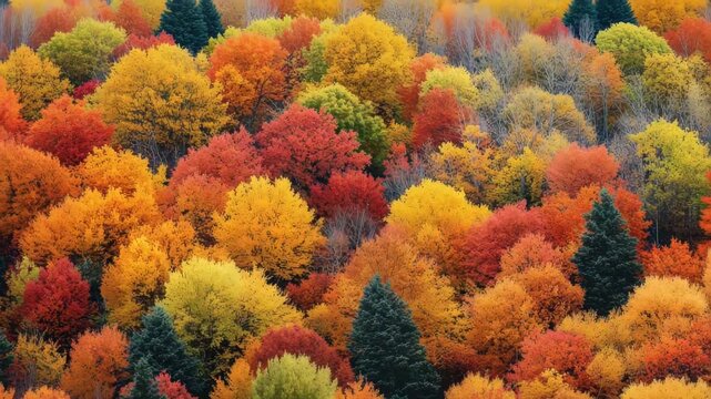 Autumn's Tapestry of Color: A breathtaking aerial view captures the vibrant beauty of a forest ablaze with autumn hues, showcasing nature's artistry in a symphony of colors.