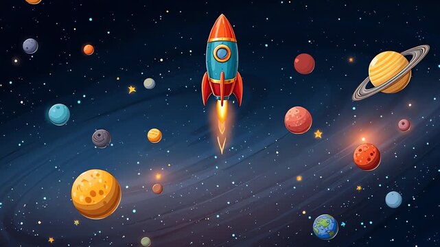 Cartoon Rocket Launch in Space with Planets Stars and Galaxy