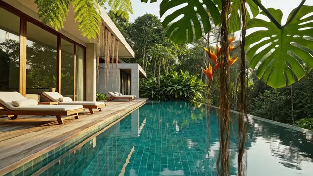 Luxury jungle villa with infinity pool and lounge chairs surrounded by lush rainforest foliage