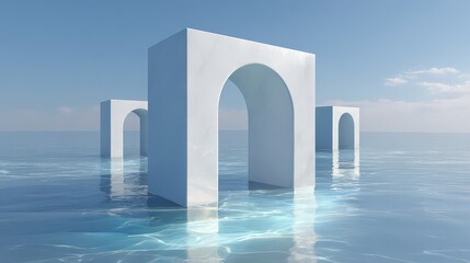 Three massive, white marble-textured blocks with large arched openings (portals) are positioned in a vast body of water.