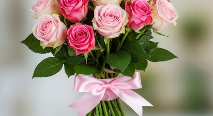 Beautiful bouquet of pink roses with ribbon illustration