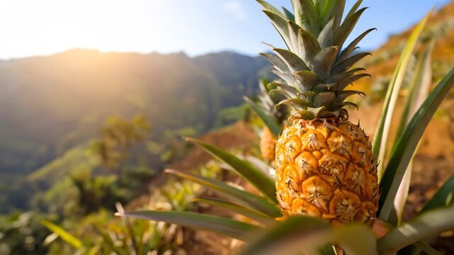 Close-up of a ripe pineapple growing on a plantation with a mountain background under sunlight.