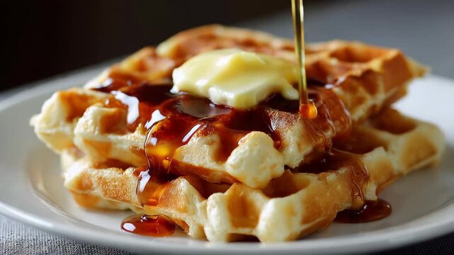 Warm waffles stacked on a plate with butter and syrup on top during breakfast time