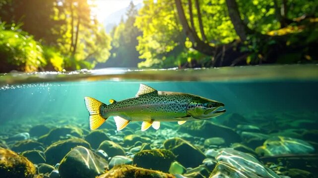A split underwater view reveals a vibrant fish in a sunlit stream, lush trees above