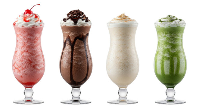 Four gourmet frappes in a row: strawberry, chocolate, vanilla, and matcha, isolated on a white background with copy space. Concept for beverage advertising