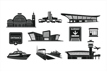 Fototapeta premium Black and White Transportation Buildings Icon Set