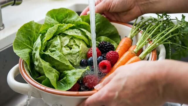 Woman washing fresh lettuce, berries, and carrots in a colander under running water for healthy eating and preparation
