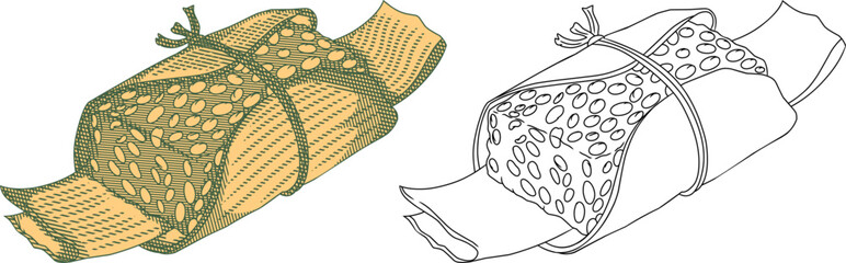 Vintage etching illustration of Indonesian traditional fermented soybean cake Tempeh wrapped in banana leaf.elements for culinary and organic food design.