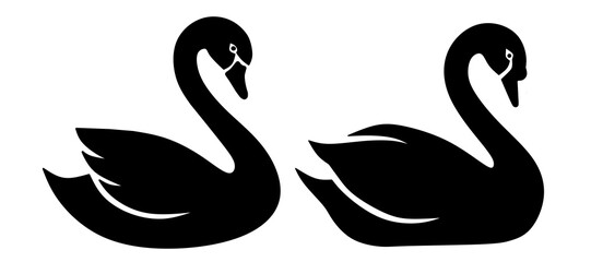 Elegant black swan silhouettes set isolated on white background