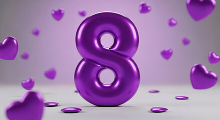 Shiny purple metallic number 8 with floating hearts, 3D render for International Women's Day, anniversary, or birthday celebration.