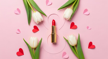 Red lipstick in a gold tube with white tulips and pink and red paper hearts on a light pink background, flat lay for beauty and romance.