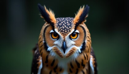 Fototapeta premium Close Up Of Great Horned Owl With Intense Orange Eyes Amidst Dark Forest Background And Soft Natural Lighting