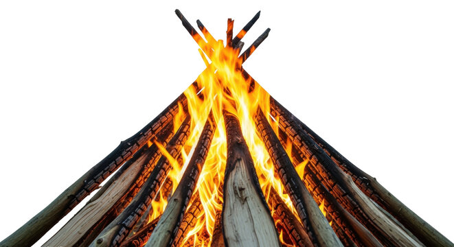 Burning campfire PNG isolated on transparent background, bonfire with flames and logs for camping and outdoor adventure
