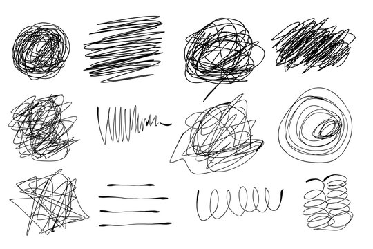 Collection of hand drawn scribble smears. Set of messy ink brush strokes and tangled lines. Abstract chaotic pencil sketches and doodles. Vector design elements.