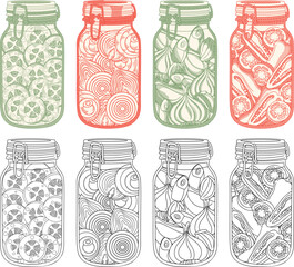 Vintage Etching Illustration of Pickled Vegetables in Mason Jars,pickled cucumbers, onions, garlic, and jalapeno peppers.Ideal for artisanal food branding, organic farm packaging,etc