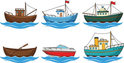 Boat and Ship Vector Illustration Set with Fishing Boats Rowboat Yacht and Cargo Vessels on Water for Maritime Designs Posters and Educational Graphics © Minara