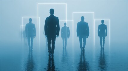 Several men in professional suits are seen from behind, walking away from the viewer.