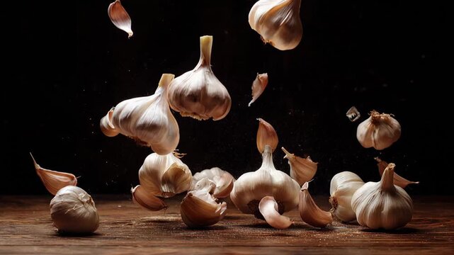 Garlic cloves fall from the air onto a wooden table in a kitchen setting during a food preparation scene at sunset