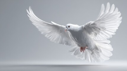 Obraz premium A pure white dove is captured in a dynamic, descending pose with its wings fully spread and its tail feathers fanned out.