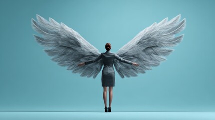 A woman, viewed from behind, stands at the center of the frame wearing a sleek, dark grey professional business suit and heels.